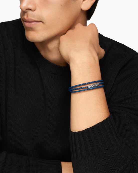 Chevron Triple Wrap Bracelet in Blue Leather with Sterling Silver, 3mm