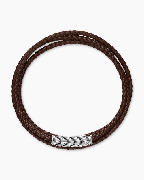 Mens Chevron Triple Wrap Leather Bracelet with Sterling Silver, 3mm