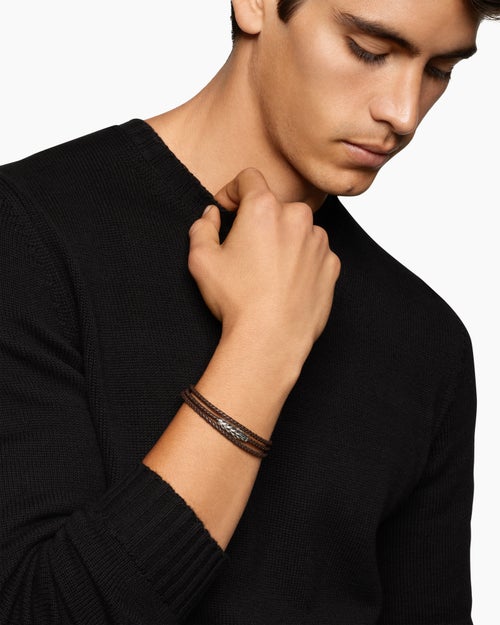 Mens Chevron Triple Wrap Leather Bracelet with Sterling Silver, 3mm