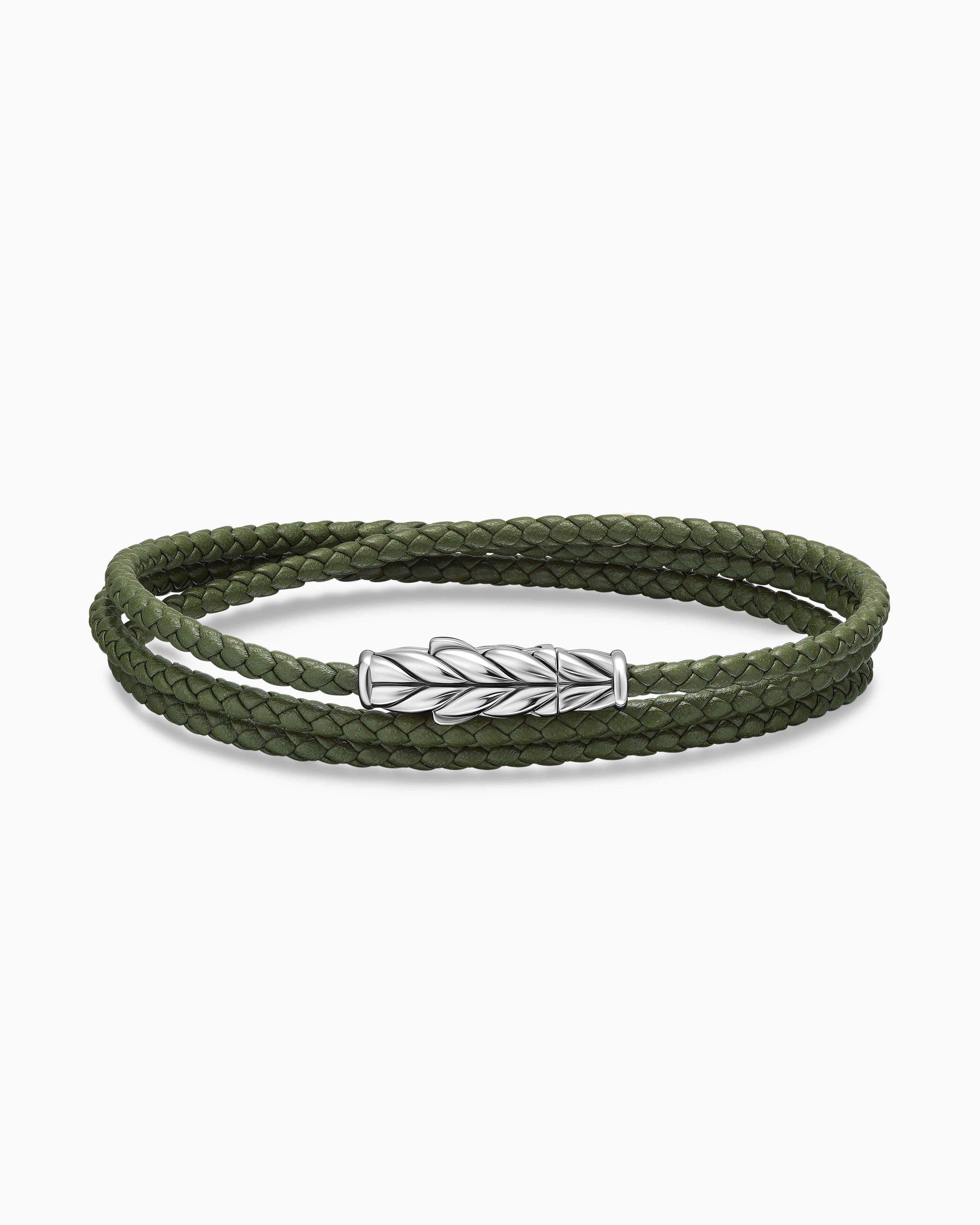 CHEVRON TRIPLE WRAP BRACELET Green Leather with Sterling Silver, 3mm