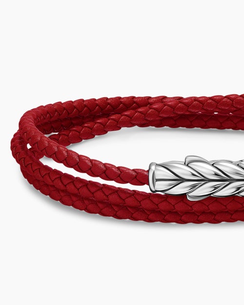 Mens Chevron Triple Wrap Bracelet in Red Leather with Sterling Silver, 3mm