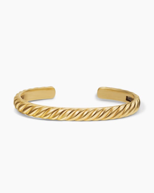 Mens Sculpted Cable Cuff Bracelet in 18K Yellow Gold, 7mm