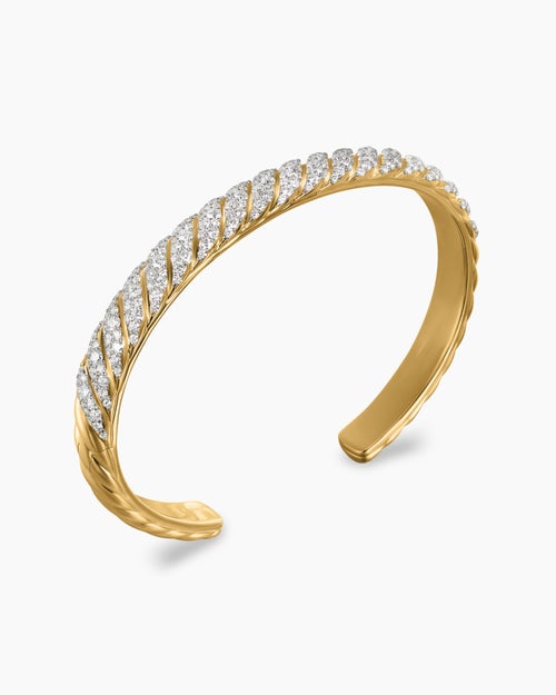 Mens Sculpted Cable Cuff Bracelet in 18K Yellow Gold with Diamonds, 7mm