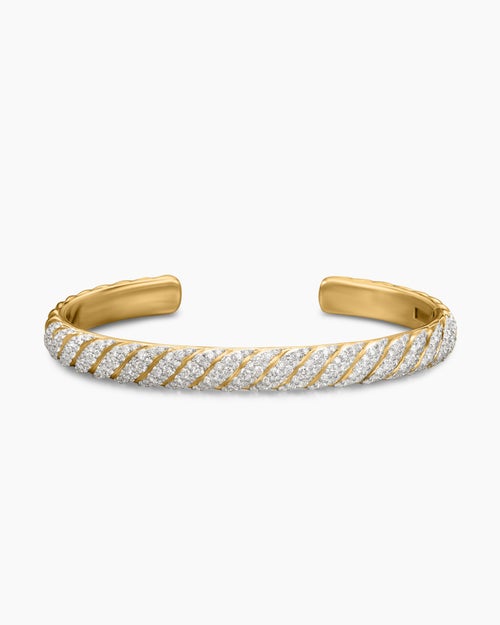 Mens Sculpted Cable Cuff Bracelet in 18K Yellow Gold with Diamonds, 7mm