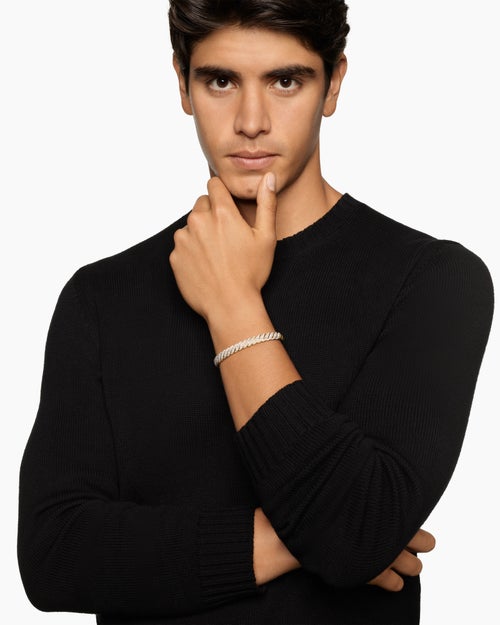 Mens Sculpted Cable Cuff Bracelet in 18K Yellow Gold with Diamonds, 7mm