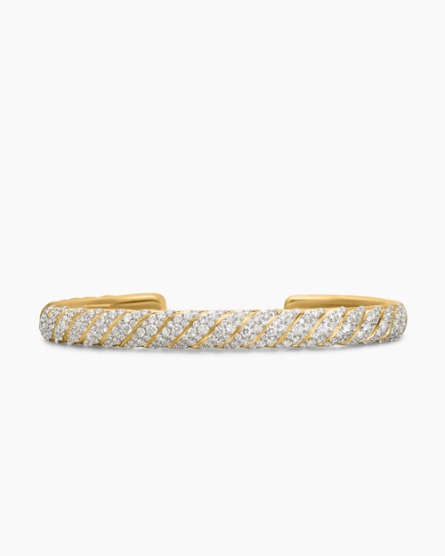 Mens Sculpted Cable Cuff Bracelet in 18K Yellow Gold with Diamonds, 7mm