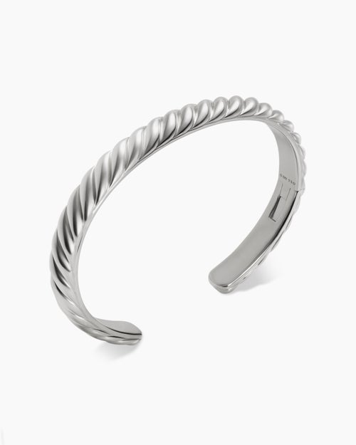 Mens Sculpted Cable Cuff Bracelet in 18K White Gold, 7mm