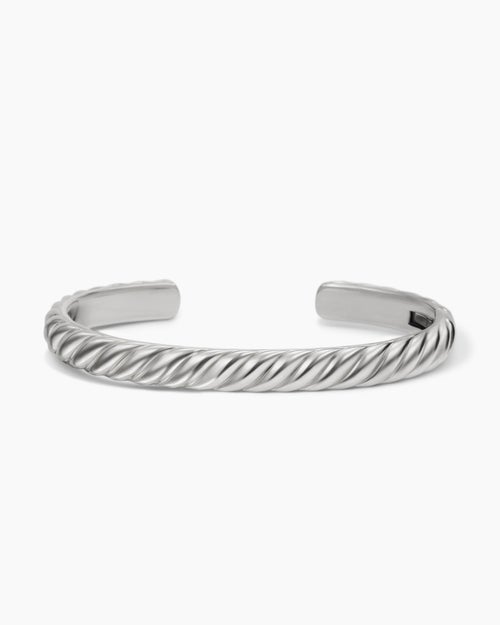 Mens Sculpted Cable Cuff Bracelet in 18K White Gold, 7mm