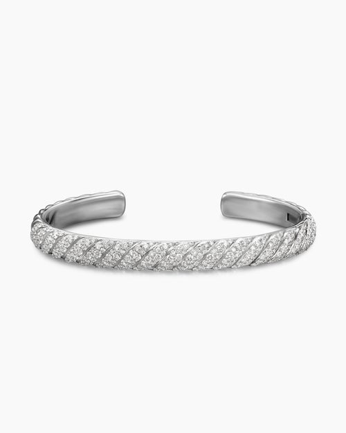 Mens Sculpted Cable Cuff Bracelet in 18K White Gold, 7mm