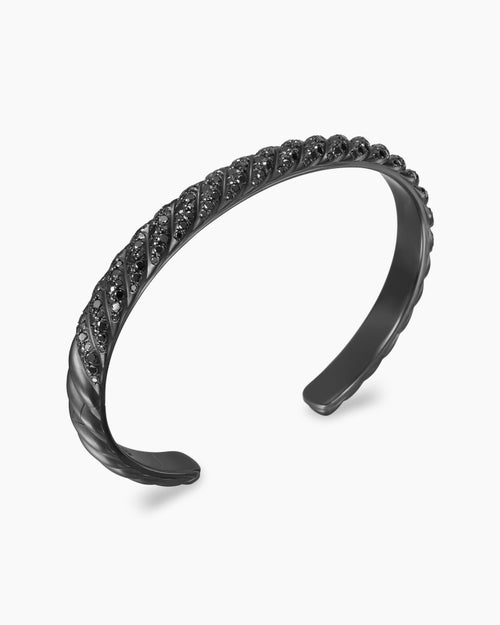 Mens Sculpted Cable Cuff Bracelet in Black Titanium with Black Diamonds, 7mm