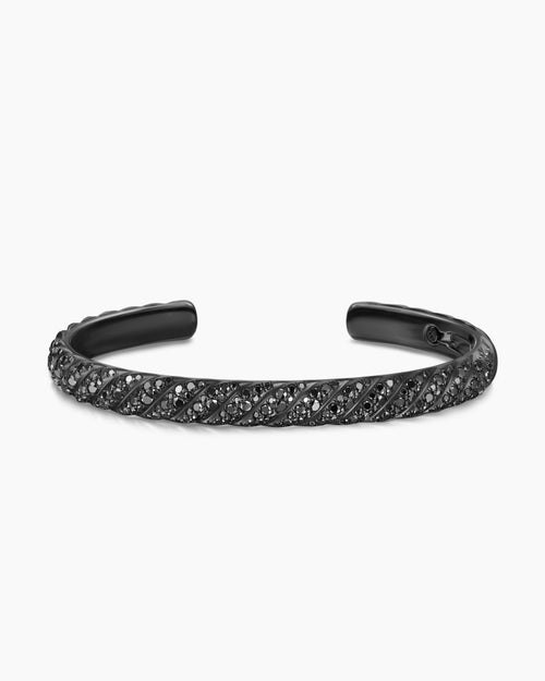 Mens Sculpted Cable Cuff Bracelet in Black Titanium with Black Diamonds, 7mm