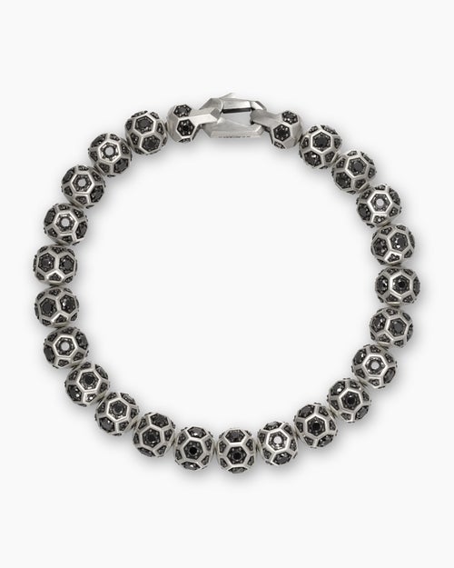 Mens Spiritual Beads Faceted Bracelet in Sterling Silver with Pavé Black Diamonds, 8mm