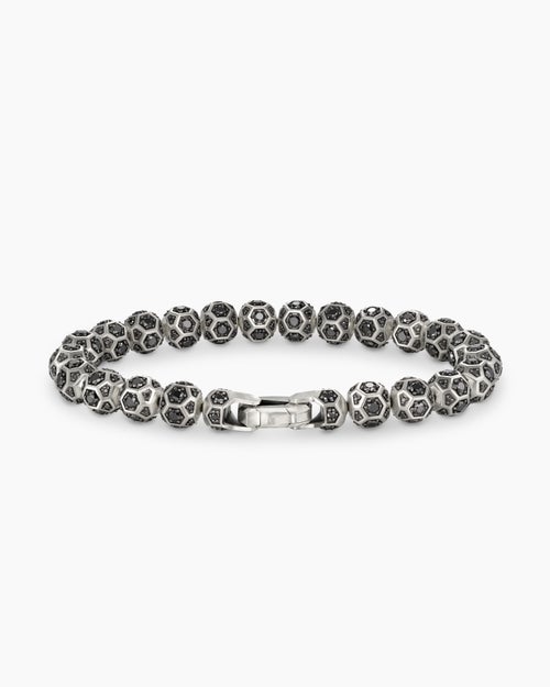 Mens Spiritual Beads Faceted Bracelet in Sterling Silver with Pavé Black Diamonds, 8mm