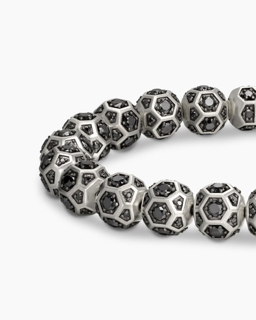Mens Spiritual Beads Faceted Bracelet in Sterling Silver with Pavé Black Diamonds, 8mm