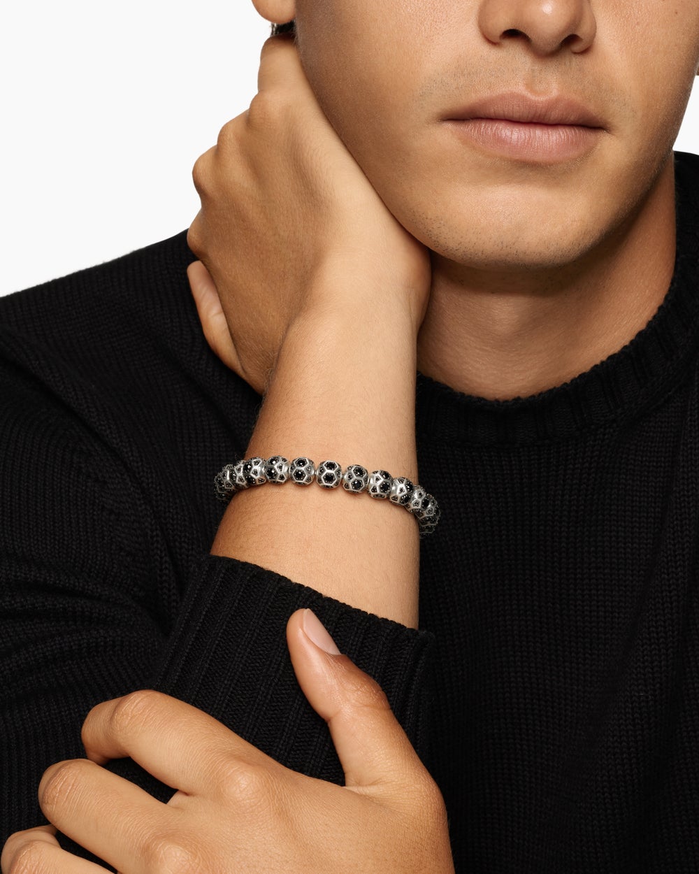 Mens Spiritual Beads Faceted Bracelet in Sterling Silver with Pavé, 8mm