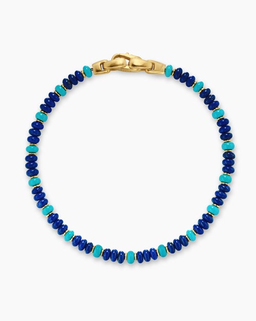 Mens Spiritual Beads Bracelet in 18K Yellow Gold with Lapis and Turquoise, 4mm