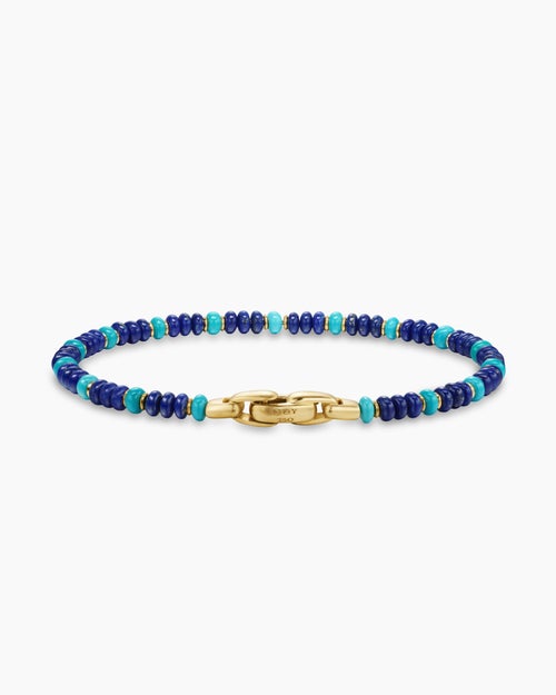 Mens Spiritual Beads Bracelet in 18K Yellow Gold with Lapis and Turquoise, 4mm