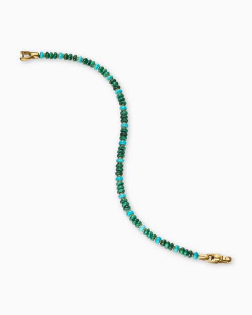Mens Spiritual Beads Bracelet in 18K Yellow Gold with Malachite and Turquoise, 4mm
