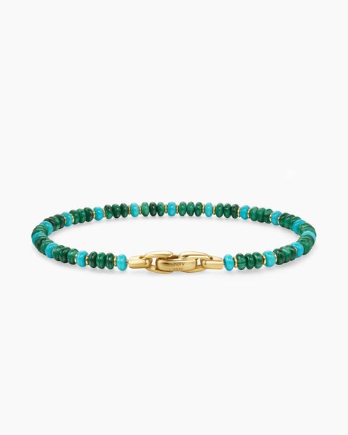 Mens Spiritual Beads Bracelet in 18K Yellow Gold with Malachite and Turquoise, 4mm