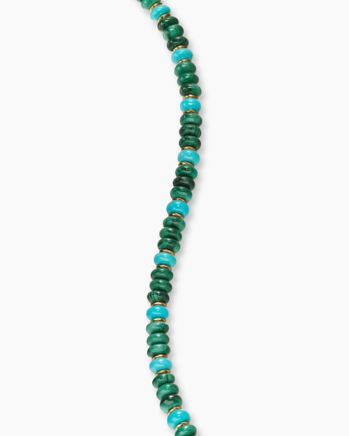 Mens Spiritual Beads Bracelet in 18K Yellow Gold with Malachite and Turquoise, 4mm