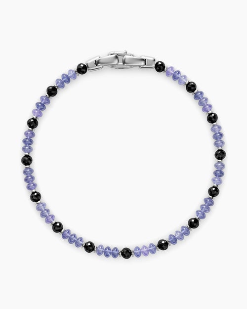 Mens Spiritual Beads Bracelet in 18K White Gold with Tanzanites and Black Diamonds, 4mm
