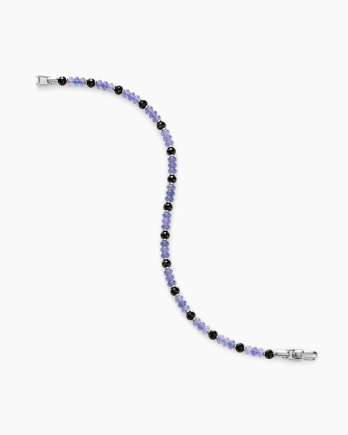 Mens Spiritual Beads Bracelet in 18K White Gold with Tanzanites and Black Diamonds, 4mm