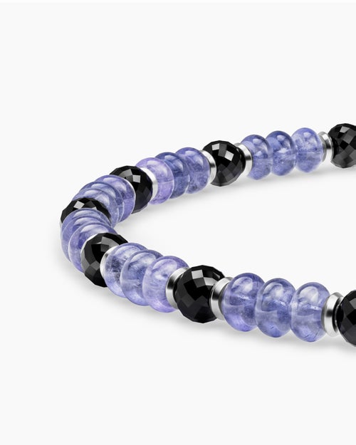 Mens Spiritual Beads Bracelet in 18K White Gold with Tanzanites and Black Diamonds, 4mm
