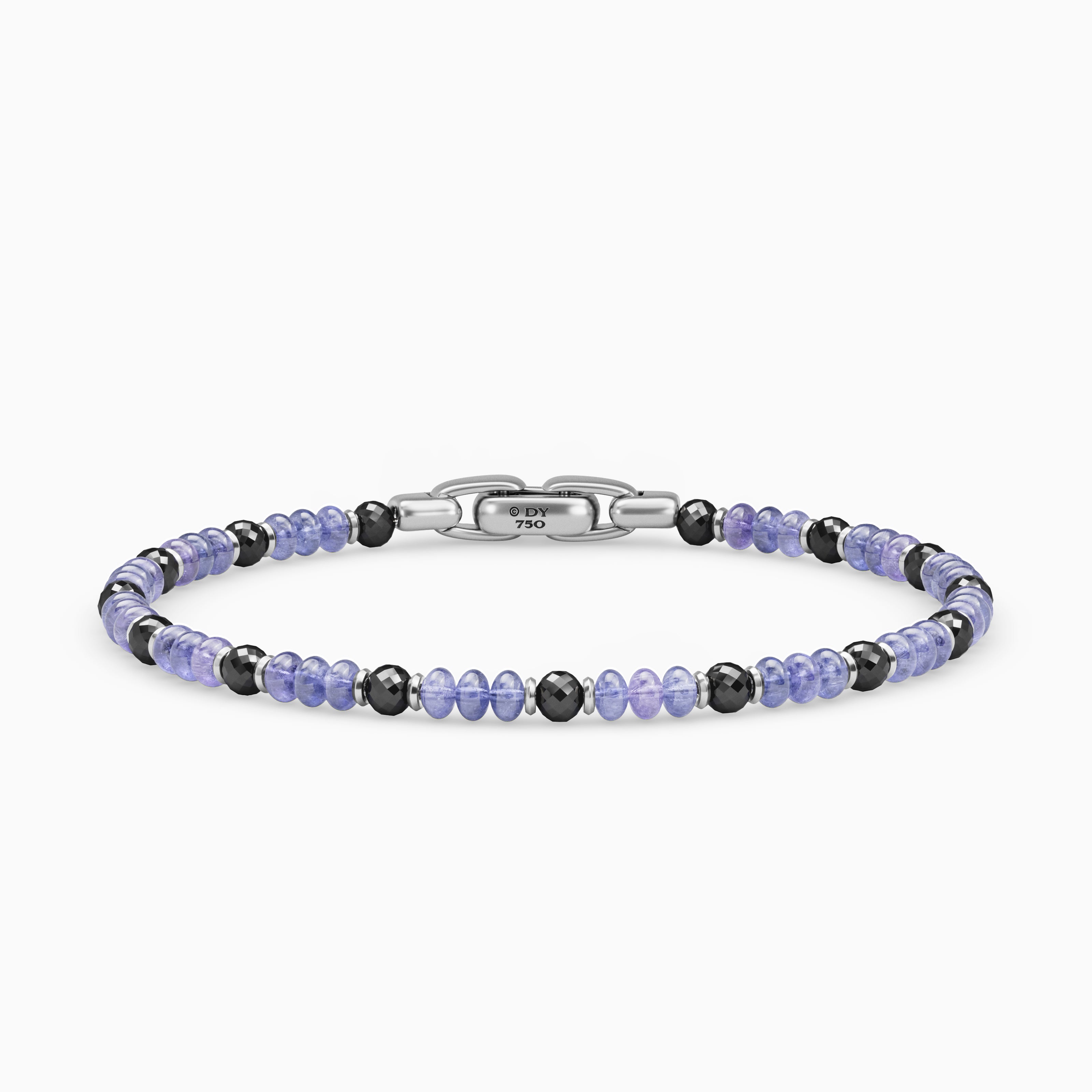 Mens Spiritual Beads Bracelet in 18K White Gold with Tanzanites and Black Diamonds, 4mm