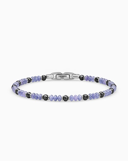 Mens Spiritual Beads Bracelet in 18K White Gold with Tanzanites and Black Diamonds, 4mm
