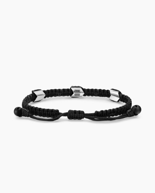 Mens Chevron Black Nylon Woven Station Bracelet with Sterling Silver and Black Onyx, 8.6mm