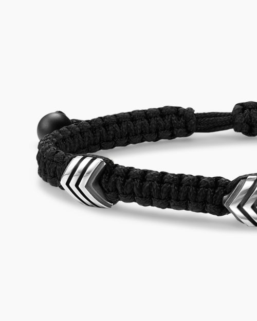 Mens Chevron Black Nylon Woven Station Bracelet with Sterling Silver and Black Onyx, 8.6mm