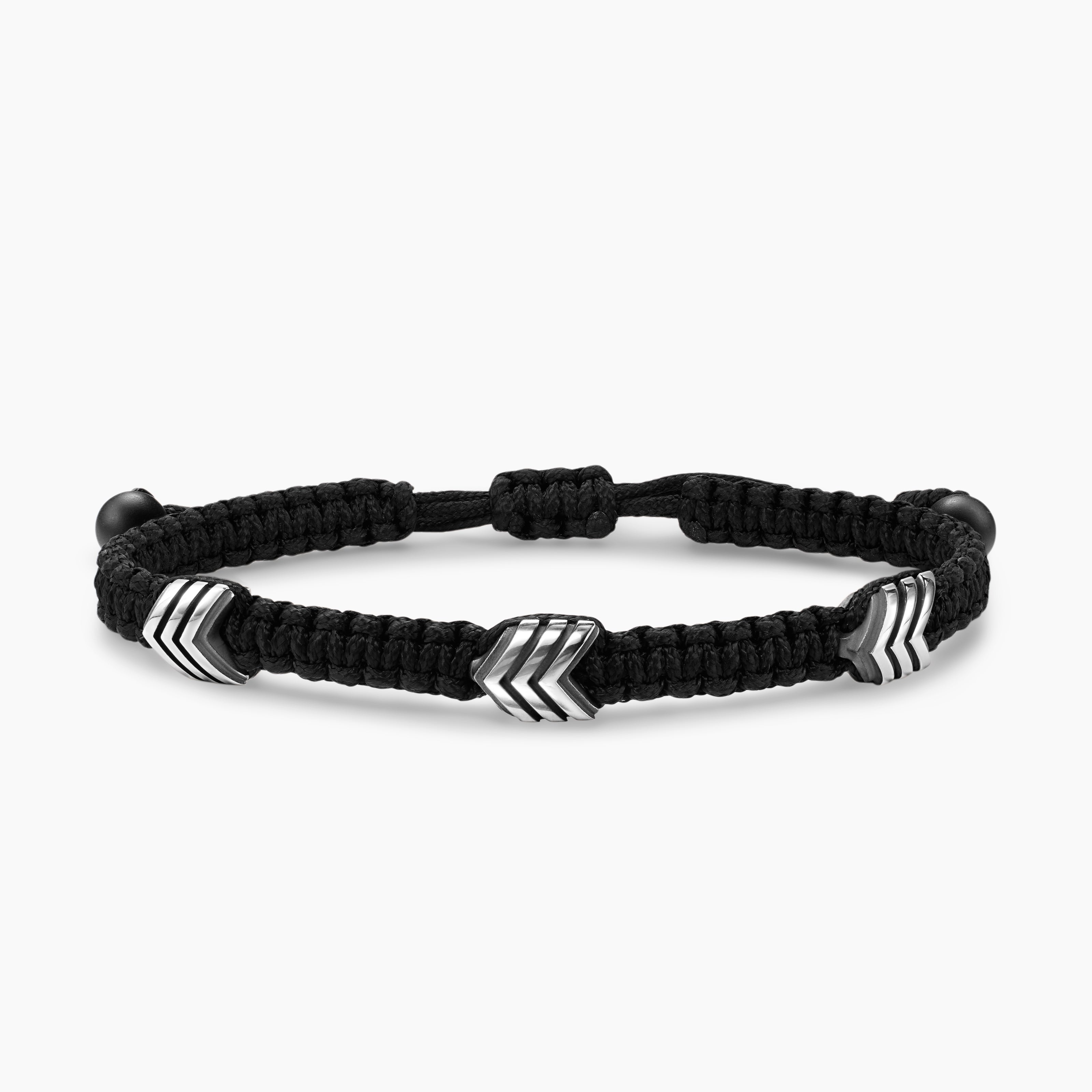 Mens Chevron Black Nylon Woven Station Bracelet with Sterling Silver and Black Onyx, 8.6mm