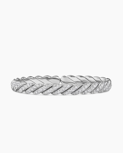 Mens Sculpted Cable Pavé Flex Bracelet in 18K White Gold, 7.5mm
