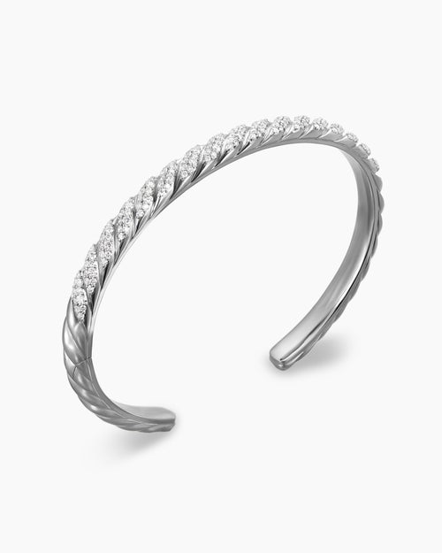 Mens Sculpted Cable Cuff Bracelet in 18K White Gold with Diamonds, 5.5mm