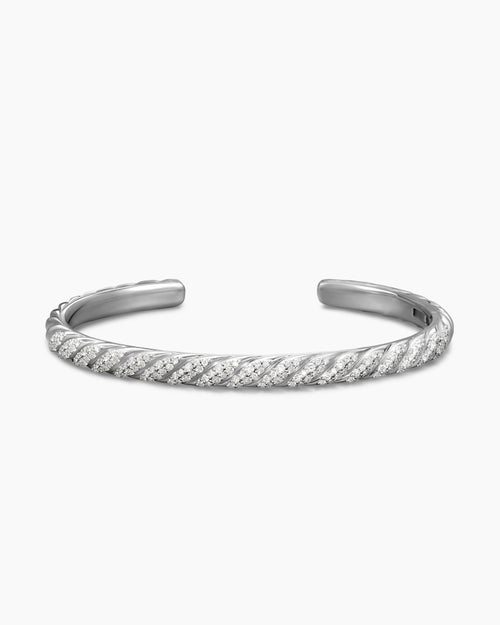 Mens Sculpted Cable Cuff Bracelet in 18K White Gold with Diamonds, 5.5mm