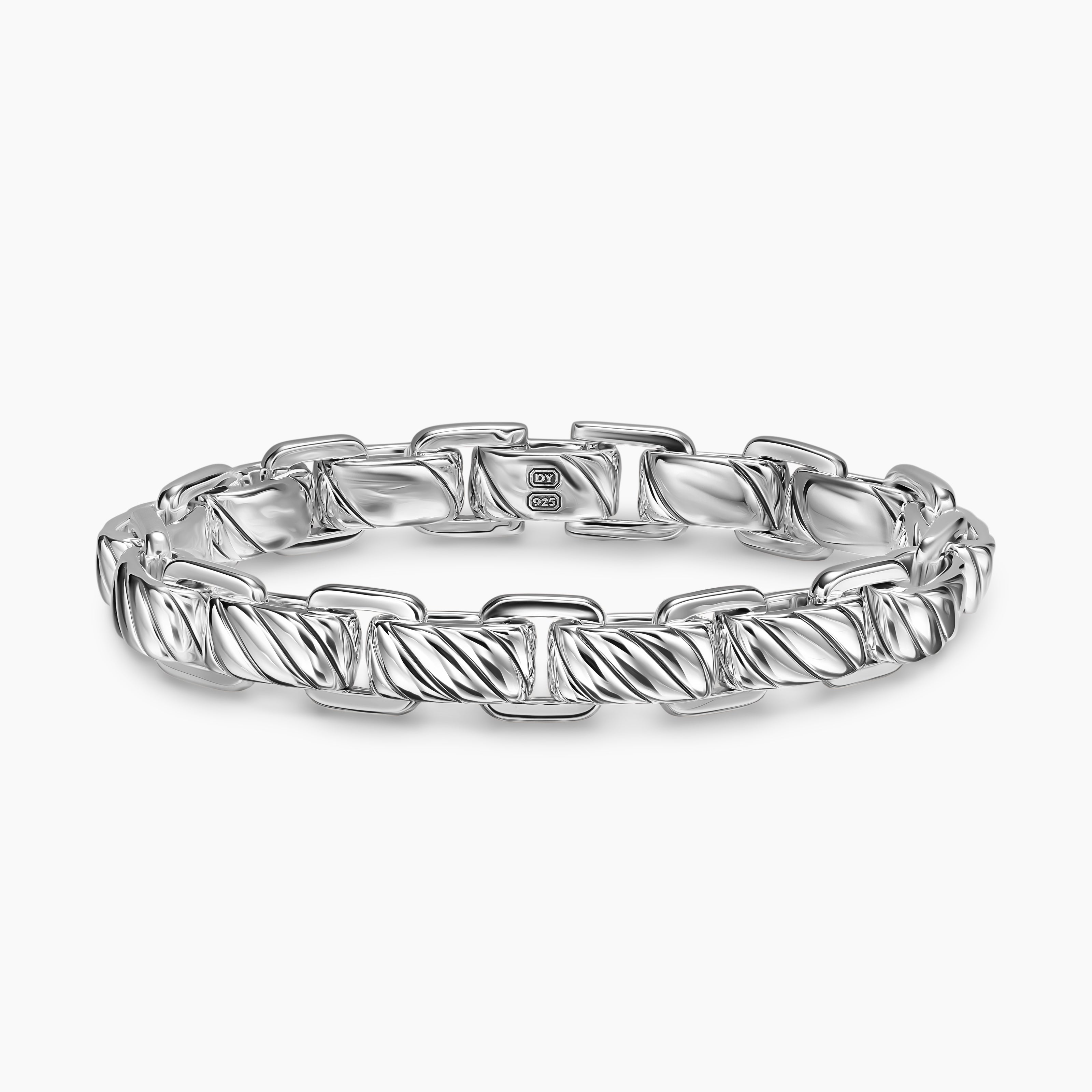 Mens Sculpted Cable Link Bracelet in Sterling Silver, 12mm
