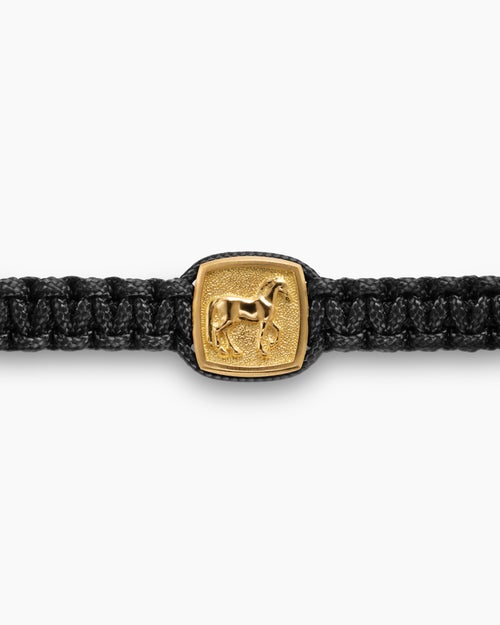 Mens Petrvs® Horse Black Nylon Woven Station Bracelet in 18K Yellow Gold with Black Onyx, 11.9mm