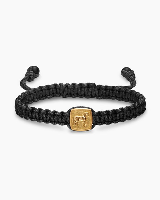 Petrvs® Horse Black Nylon Woven Station Bracelet in 18ct Yellow Gold with Black Onyx, 11.9mm