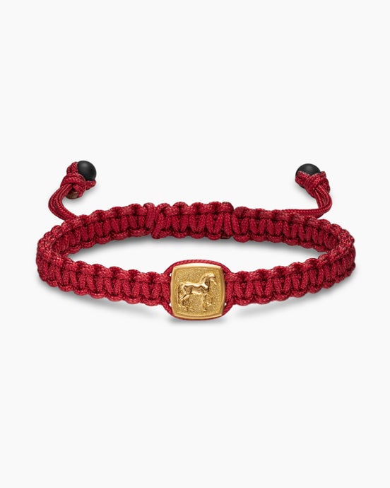 Petrvs® Horse Red Nylon Woven Station Bracelet in 18K Yellow Gold with Black Onyx, 11.9mm