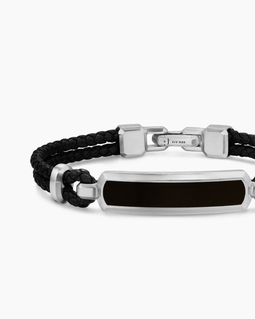 Mens Streamline® ID Bar Bracelet in Black Leather with Sterling Silver and Black Onyx, 6mm