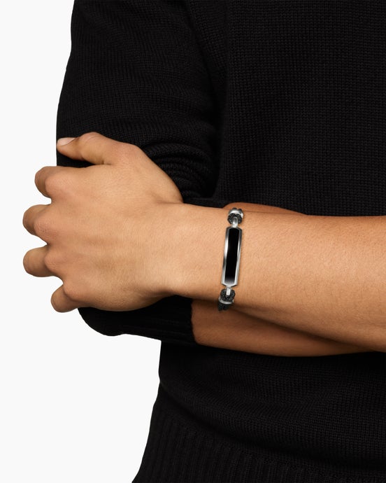 Streamline® ID Bar Bracelet in Black Leather with Sterling Silver and Black Onyx, 6mm