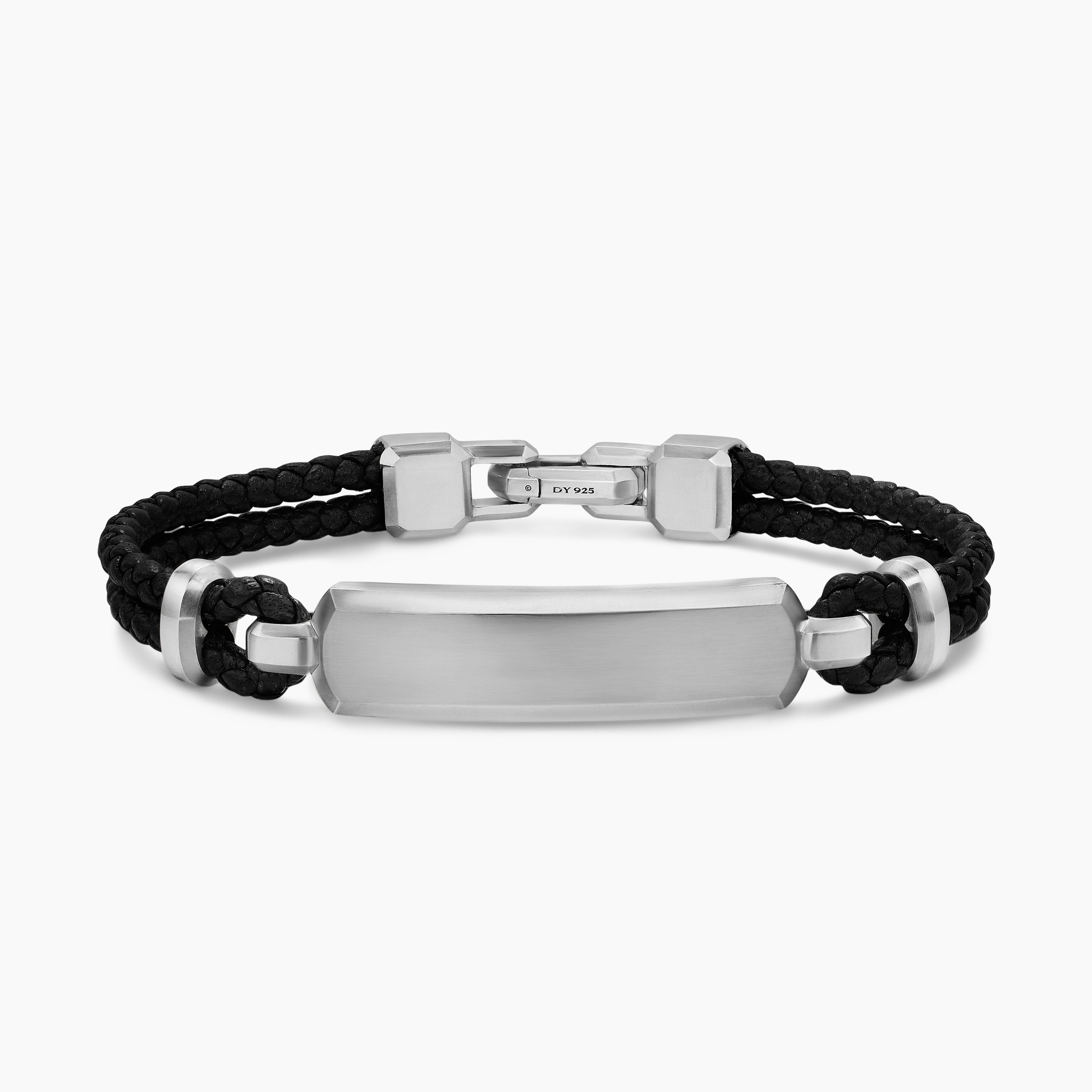 Mens Streamline ID Bar Leather Bracelet with Sterling Silver, 6mm