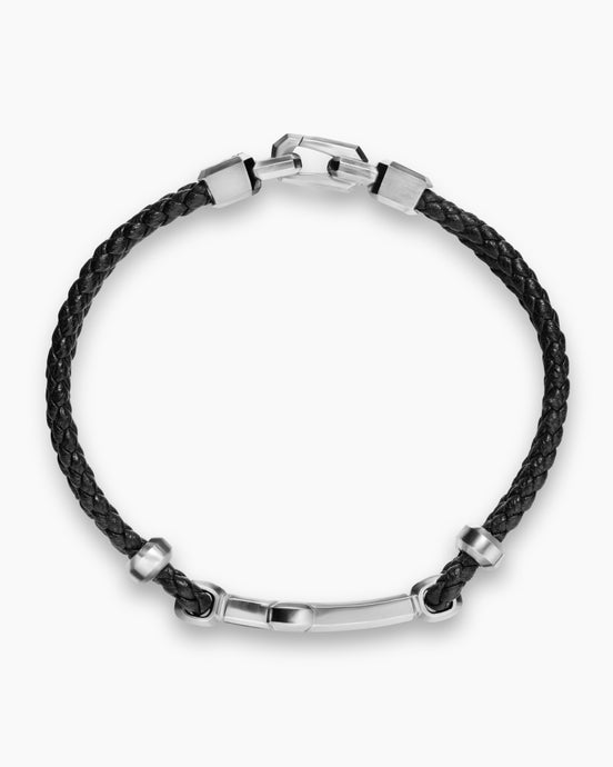 Bracelet à ornement Croix Streamline® en cuir noir avec argent massif et or jaune 14 carats, 6 mm