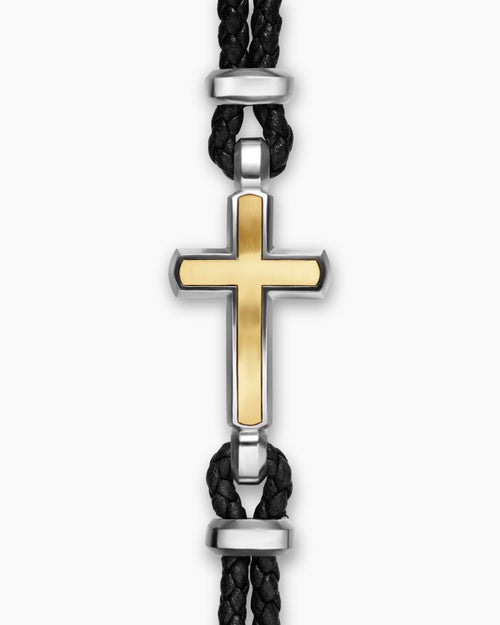 Mens Streamline Cross Station Leather Bracelet with Sterling Silver and 14K Yellow Gold, 6mm
