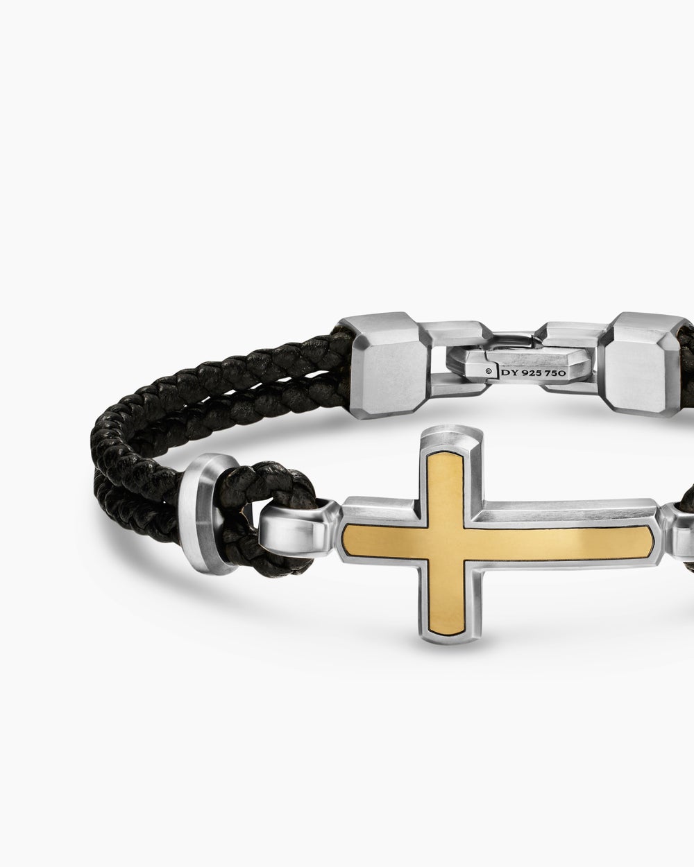 Bracelet à ornement Croix Streamline en cuir avec argent massif et or jaune 14 carats, 6 mm homme