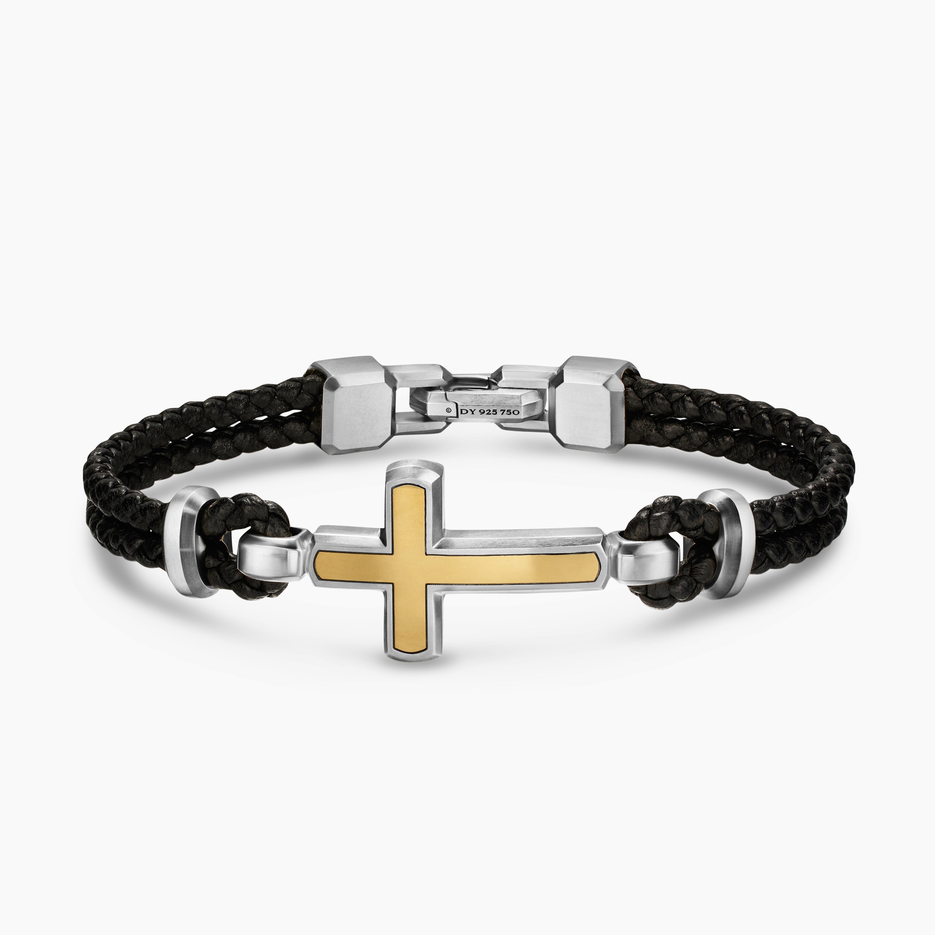 Bracelet en cuir &agrave; motif intercal&eacute; avec croix Streamline avec argent sterling et or jaune 14 carats, 6 mm hommes 