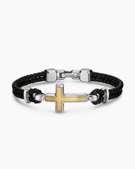 Streamline® Cross Station Bracelet in Black Leather with Sterling Silver and 14K Yellow Gold, 6mm