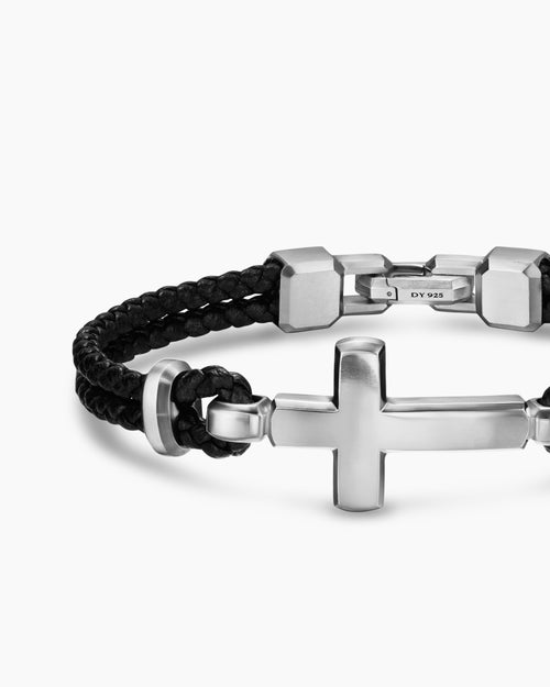 Bracelet à ornement Croix Streamline en cuir avec argent massif, 6 mm