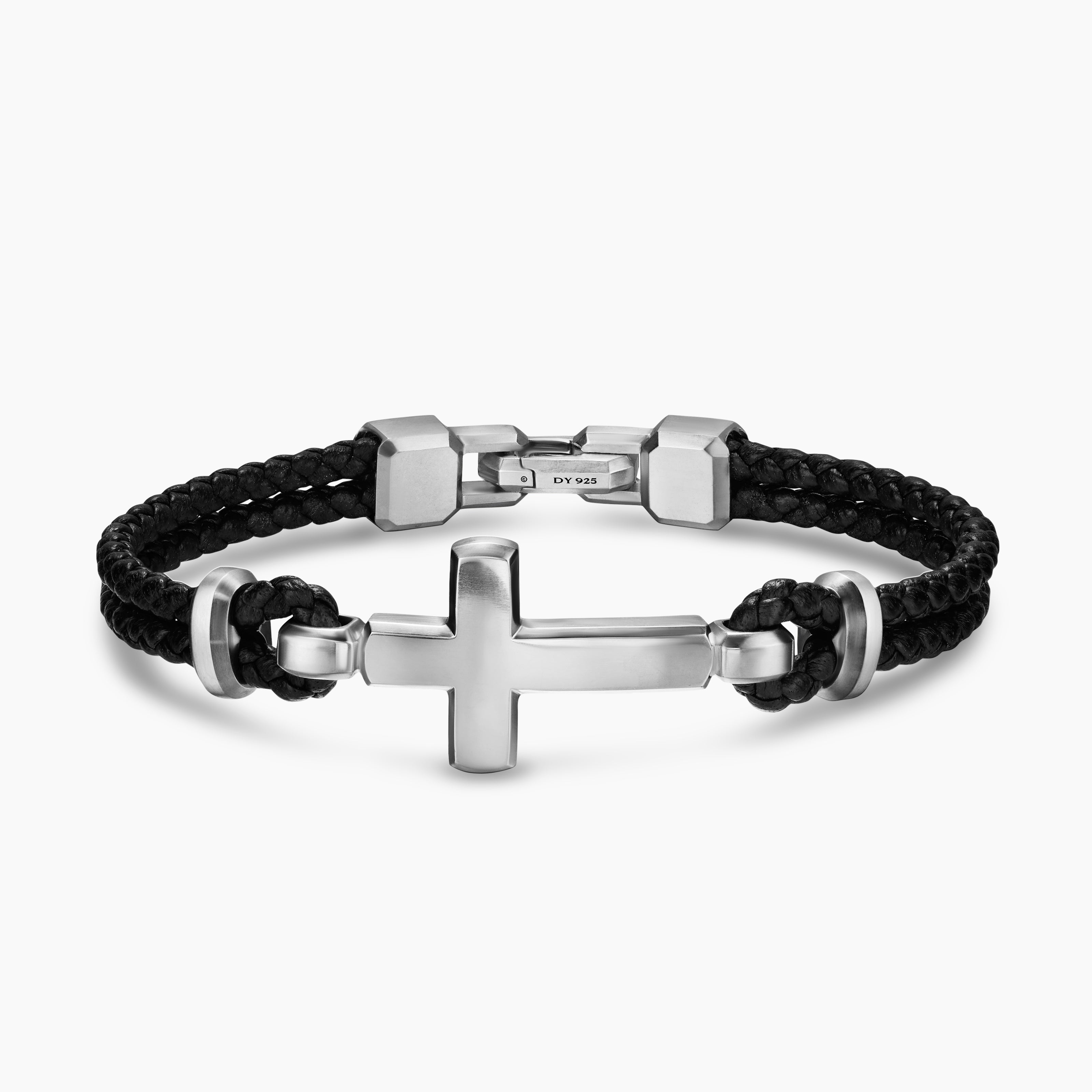 Mens Streamline Cross Station Leather Bracelet with Sterling Silver, 6mm