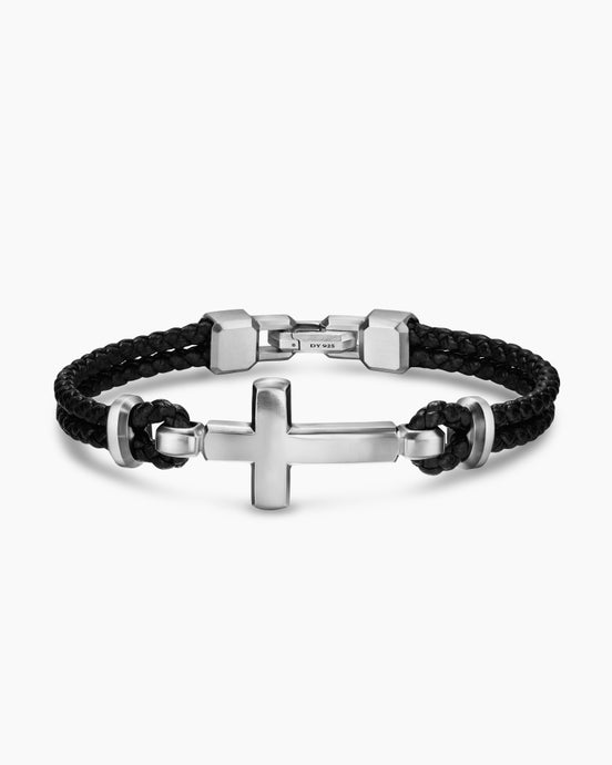 Streamline® Cross Station Bracelet in Black Leather with Sterling Silver, 6mm
